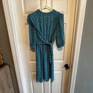 Vintage Alison Peters Petite Teal Floral Print Midi Dress Women's Size 10 Wrap
